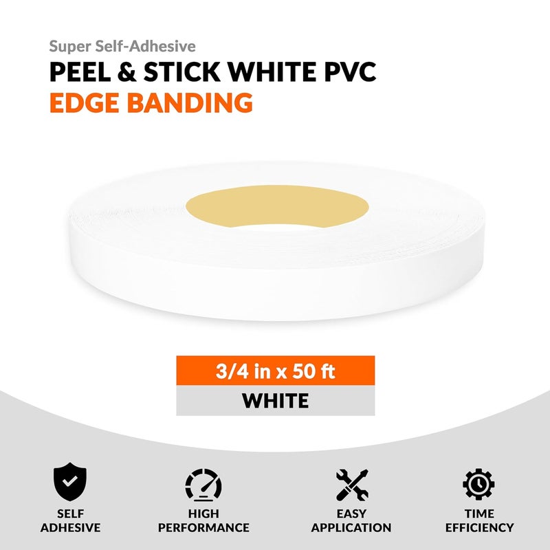 LEAFLEX White PVC 3/4 inch x 50 ft Edge Banding Peel and Stick Strong Adhesive Edging Trim Flexible and Durable Veneer for Wood Cabinate Laminate Shelf Restoration - Image 2